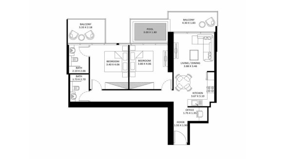 Планировка квартиры 2 спальни в ЖК ELITZ 3 № 11011 (2D)
